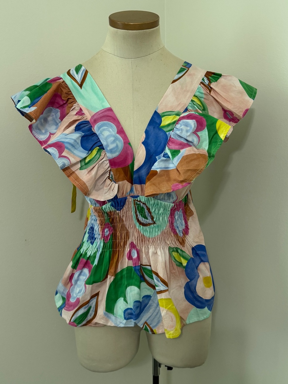 Sofia Made in Italy Small Colorful Floral Flutter Smocked V-Neck Blouse Top